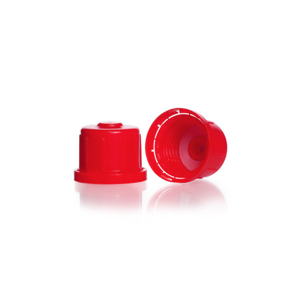 DWK Safety tamper-proof screw caps for narrow neck square bottles, GL 32 H, PP, red, safety valve