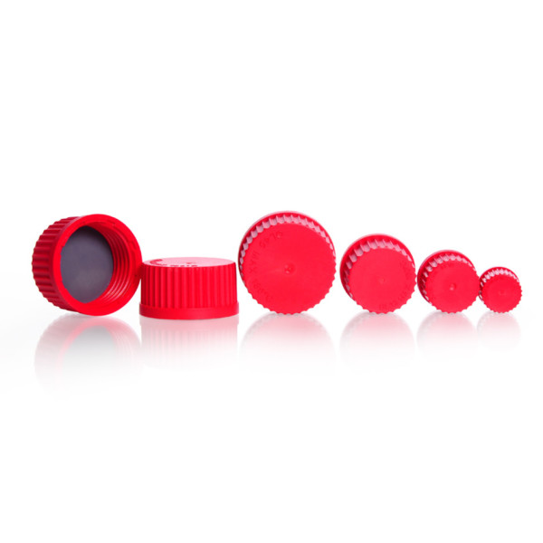 DWK Screw-caps, GL 18, PBT, closed, red, with PTFE protected seal