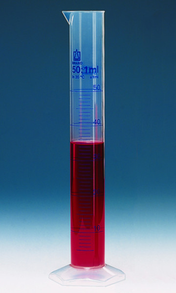 BRAND Graduated cylinder, tall form, 50 ml: 1 ml PP, graduated in blue