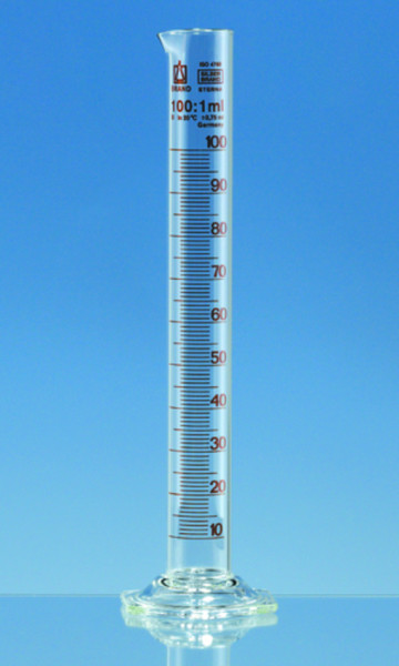 BRAND Graduated cylinder, tall form, SILBERBRAND ETERNA, B, Boro 3.3, 100 ml: 1 ml, with glass base