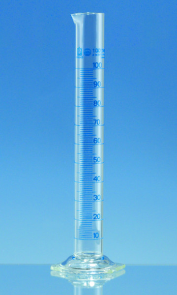 BRAND Messzylinder, hohe F. BLAUBRAND, A, DE-M 100 ml: 1 ml, Boro 3.3