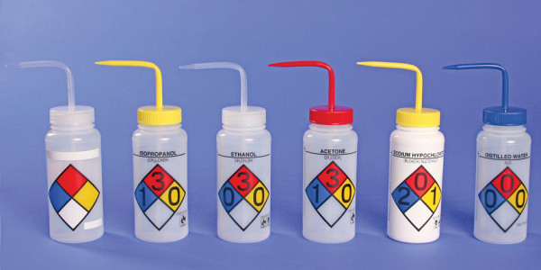 SP Bel-Art Safety-Labeled 4-Color Deionized WaterWide-Mouth Wash Bottles; 500ml (16oz), Polyethylene w/Blue Polypropylene Cap (Pack of 4)