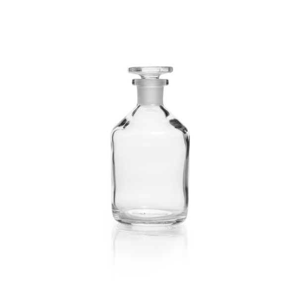 DWK Standflasche, Enghals, Kalk-Soda-Glas, klar, NS 19/26, mit Glasstopfen, 250 ml