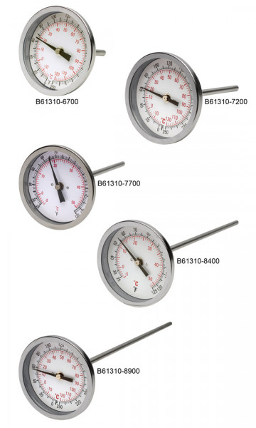SP Bel-Art, H-B DURAC Bi-Metallic Dial Thermometer; 0 to 50C (25 to 125F), 1/2 in. NPT Threaded Connection, 75mm Dial