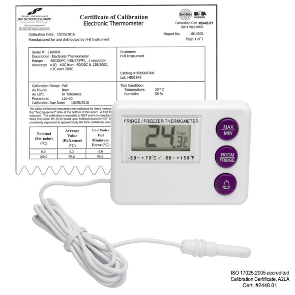 SP Bel-Art, H-B DURAC Calibrated Dual ZoneElectronic Thermometer with Waterproof Sensor; -50/70C (-58/158F) External, -10/50C (14/122F)Internal