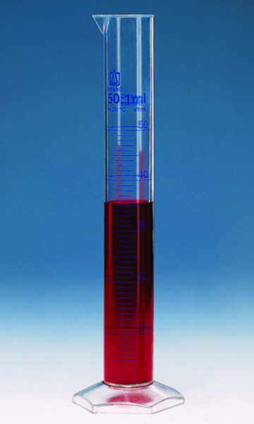 BRAND Messzylinder, hohe Form, Kl. A, DE-M/ChZ 25 ml: 0,5 ml, PMP, blaue Grad.