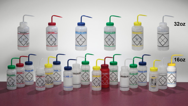 SP Bel-Art Safety-Labeled 2-Color Ethyl AcetateWide-Mouth Wash Bottles; 500ml (16oz), Polyethylene w/Green Polypropylene Cap (Pack of 6)