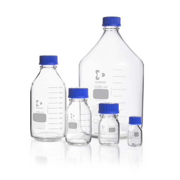 DWK DURAN® Laboratory bottle, clear, graduated, GL 45, with screw-cap and pouring ring (PP), 500 ml