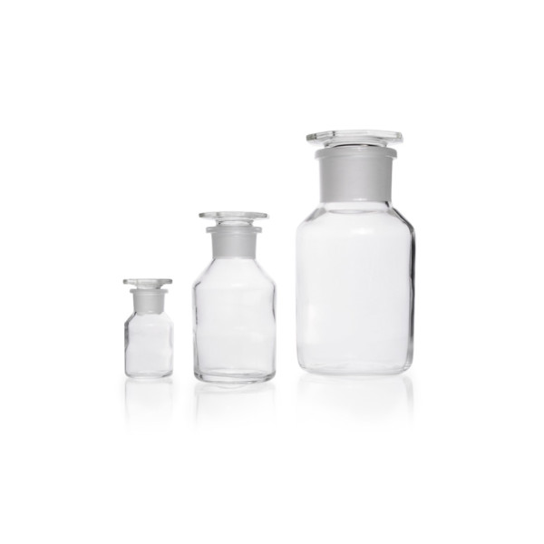 DWK Standflasche, Weithals, Kalk-Soda-Glas, klar, mit Normschliff, mit Glasstopfen, 250 ml