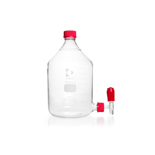 DWK DURAN® Stutzenflasche, mit GL 45 Schraubverschluss (PBT, rot) und GL 32 Bodentubus-Hahn (Glas, P