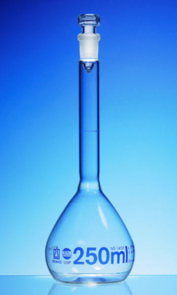 BRAND Volumetric flask, USP, BLAUBRAND®, A, DE-M, 50 ml, NS 12/21, Boro 3.3, glass stopper
