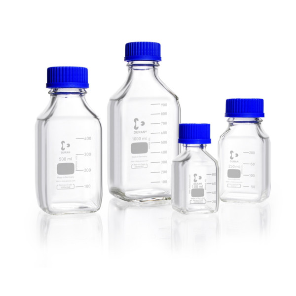 DWK DURAN® GL 45 Laborflasche Vierkant, klar, mit Schraubverschluss und Ausgießring, PP, blau, 1000
