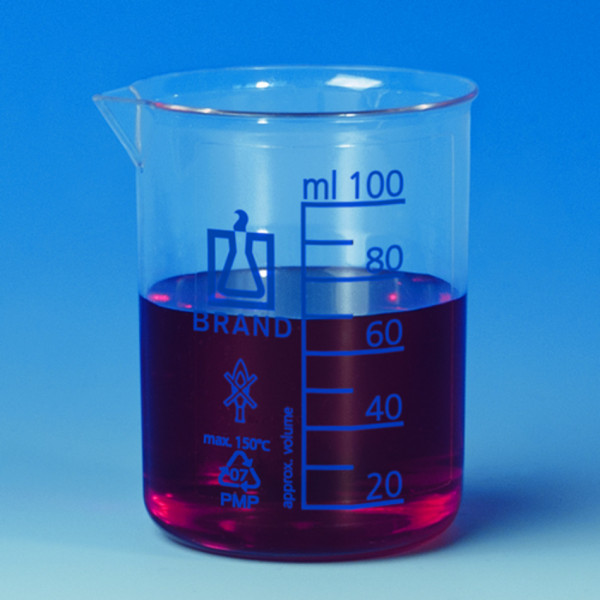BRAND Beaker, low form, PMP 150 ml : 20 ml, grad. blue