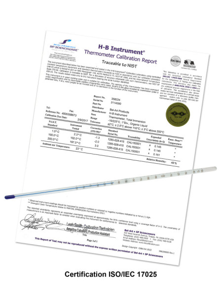 SP Bel-Art, H-B DURAC Plus ASTM S63F-03Individually Calibrated Liquid-In-GlassLaboratory Thermometer