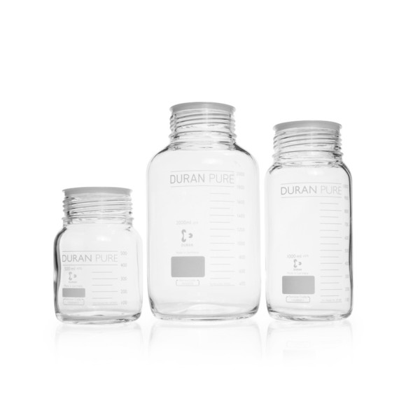 DWK DURAN PURE bottle, clear, graduated, GLS 80, with dust cover, without cap and pouring ring, 10000 ml