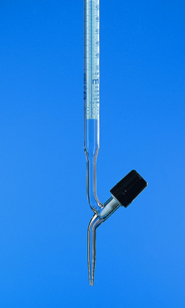 BRAND Burette, BLAUBRAND®, AS, DE-M, 10:0.02 ml, Boro 3. 3, straight stopcock, PTFE spindle, blue Schellbach stripe