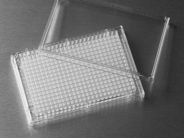 Corning® 384-well Clear Flat Bottom Fibronectin-Coated Polystyrene Microplate, Low Flange, with Lid, 100/case