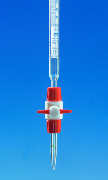 BRAND Compact burette, BLAUBRAND®, cl.AS, DE-M, 25:0. 05ml, Boro 3.3,PTFE stopcock, blue Schellbach stripe