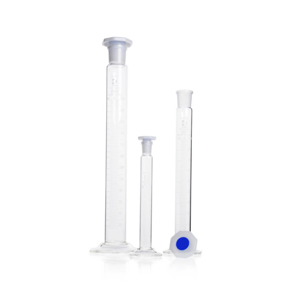 DWK DURAN® Mixing cylinder, hexagonal base, class B, white graduation, NS 45/40, octagonal PE-stopper, 1000 ml