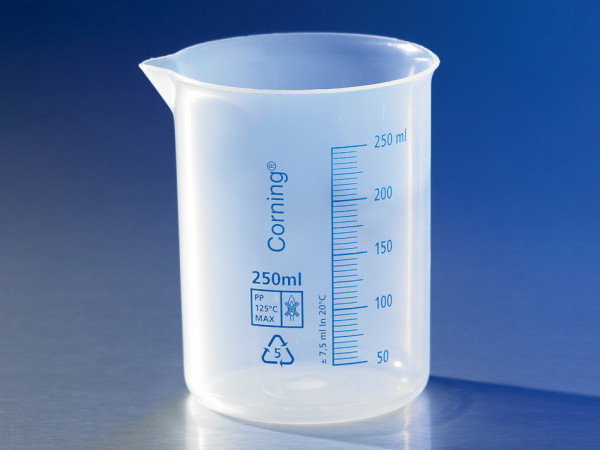 Corning® Reusable Plastic Low Form 250 mL Beaker, Polypropylene, Graduated