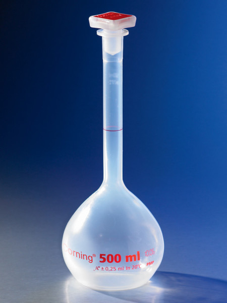 Corning® 100 mL Class A Reusable Plastic Volumetric Flask, Polymethylpentene with 14/23 Tapered PP Stopper