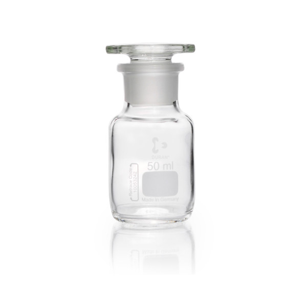 DWK DURAN® bottles, reagent, wide neck, with NS 24/20, clear, with standard ground joint with glass flat- head stopper, 50 ml