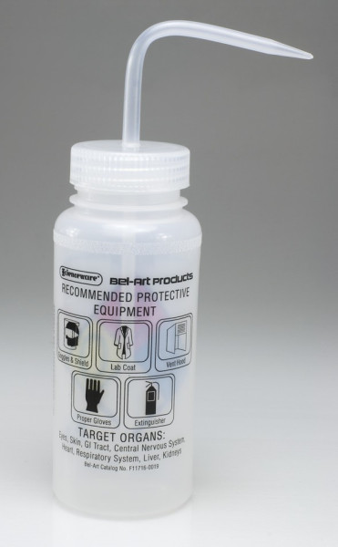 SP Bel-Art Safety-Labeled 4-Color Ethanol Wide- Mouth Wash Bottles; 500ml (16oz), Polyethylenew/Natural Polypropylene Cap (Pack of 4)