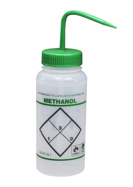 SP Bel-Art Safety-Labeled 2-Color MethanolWide-Mouth Wash Bottles; 500ml (16oz),Polyethylene w/Green