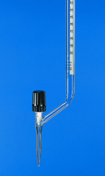 BRAND Burette, SILBERBRAND, B, lateral stopcock, 10 ml:0.02 ml, Boro 3.3, black Schellbach stripe, PTFE spindle, black Schellbach stripe