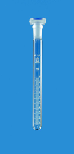BRAND Test tube, 10 ml: 0.1 ml, Boro 3.3, 15 x 165 mm, graduated, with spout / PP stopper NS 12/21
