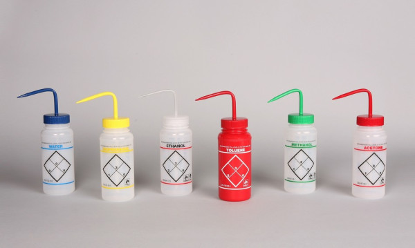 SP Bel-Art Safety-Labeled Assorted 2-Color Wide- Mouth Wash Bottles; 500ml (16oz), Polyethylenew/Polypropylene Cap (Pack of 6)