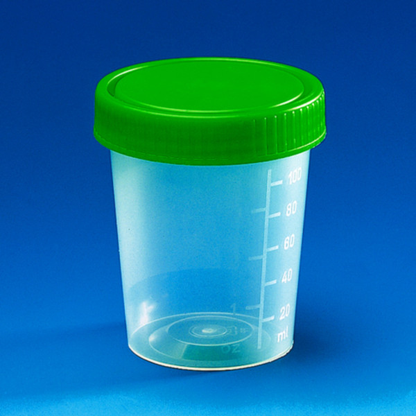 BRAND Urine beaker, PP, 100 ml, screw cap PE (green), non-sterile