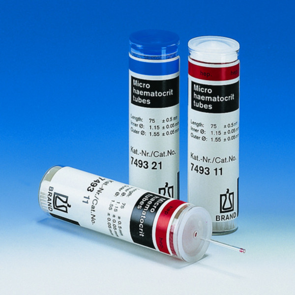 BRAND Micro haematocrit capillary, sodium heparinised, w/o calibrated mark inner diameter 1.1 - 1.2 mm, code red