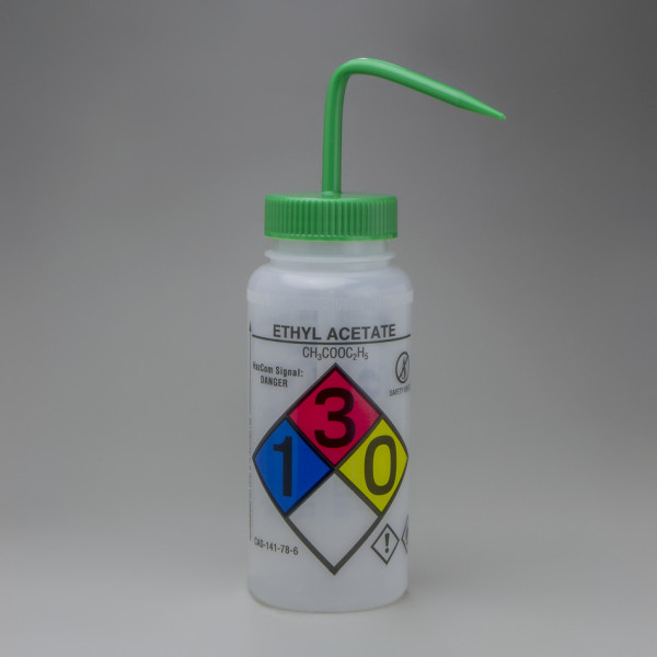 SP Bel-Art GHS Labeled Safety-Vented EthylAcetate Wash Bottles; 500ml (16oz), Polyethylenew/Green Po