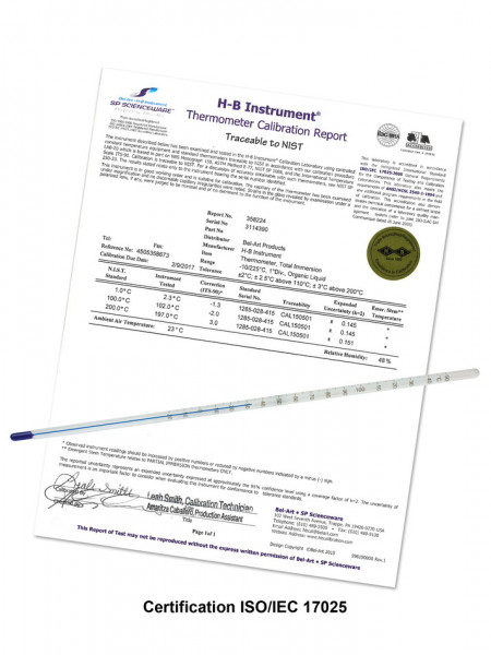SP Bel-Art, H-B DURAC Plus ASTM S62F-03 Individually Calibrated Liquid-In-Glass Laboratory Thermometer; -36/35F, Organic Liquid Fill