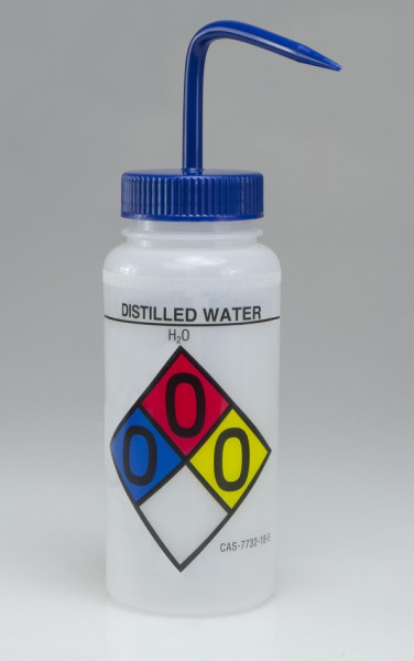 SP Bel-Art Safety-Labeled 4-Color Distilled WaterWide-Mouth Wash Bottles; 500ml (16oz), Polyethylene w/Blue Polypropylene Cap (Pack of 4)