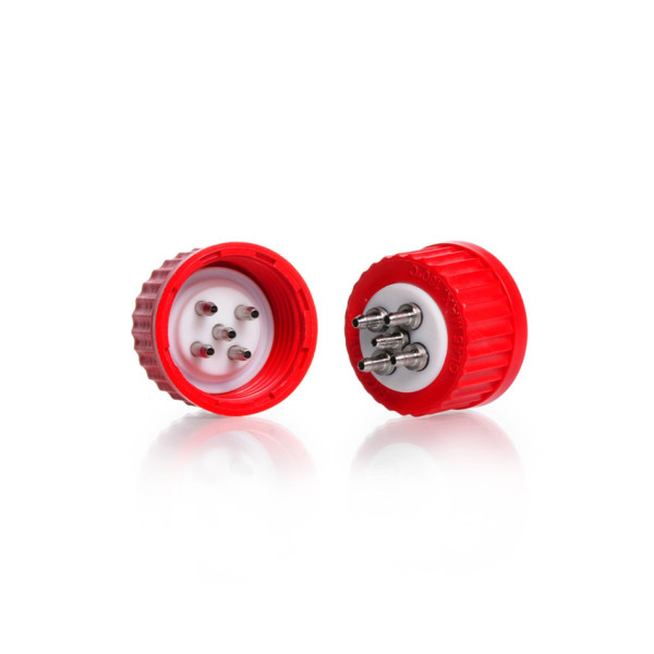 DWK DURAN® Connection Cap System GL 45 with red PBT screw cap, PTFE insert with 5-ports (stainless steel)