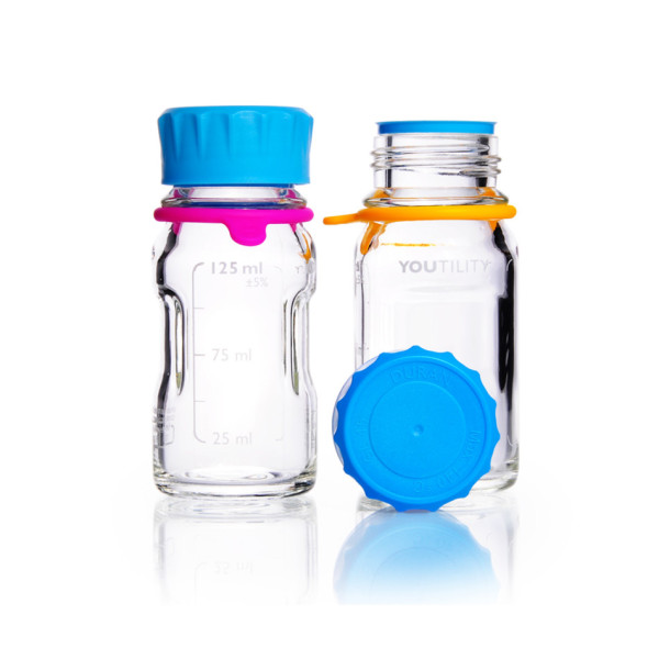 DWK DURAN® YOUTILITY Bottle GL45, clear, with Screw cap, pouring ring, and Bottle tag, 125 ml