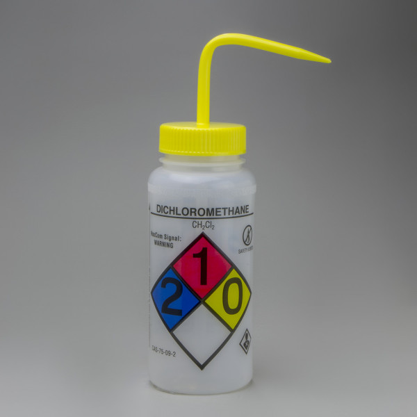 SP Bel-Art GHS Labeled Safety-VentedDichloromethane Wash Bottles; 500ml (16oz),Polyethylene w/Yellow