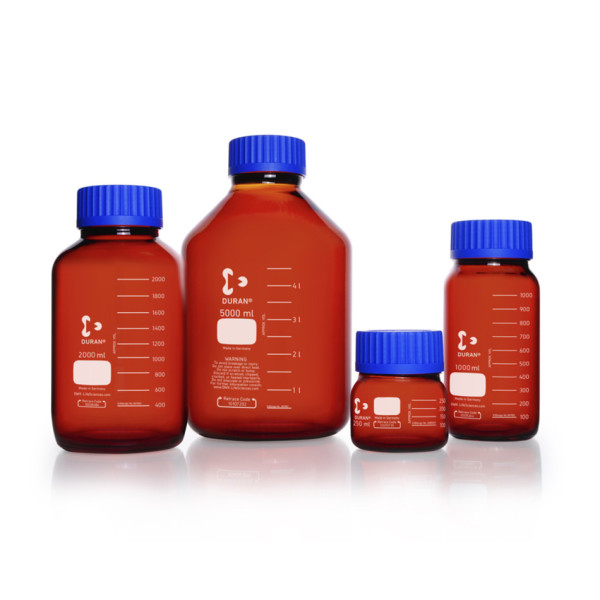 DWK DURAN® GLS 80 Laboratory glass bottle, wide neck, amber, with screw cap and pouring ring (PP), 5000 ml
