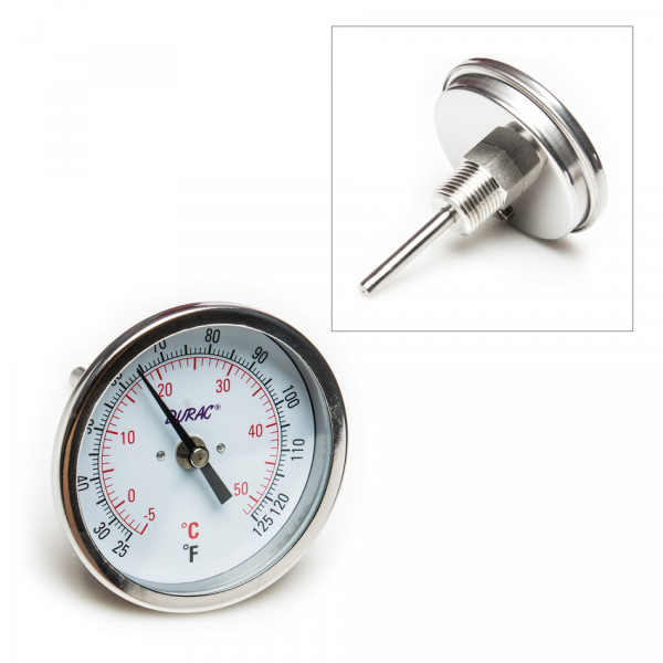 SP Bel-Art, H-B DURAC Bi-Metallic Dial Thermometer; 0 to 50C (25 to 125F), 1/2 in. NPT Threaded Connection, 75mm Dial