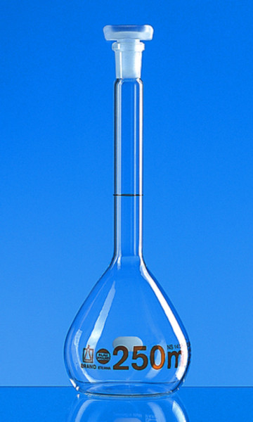 BRAND Messkolben, BLAUBRAND® ETERNA, Klasse A, DE-M, 25ml, NS 10/19, Boro 3.3, PP -Stopfen