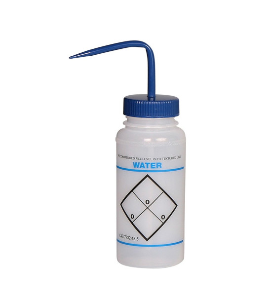 SP Bel-Art Safety-Labeled 2-Color Water Wide- Mouth Wash Bottles; 500ml (16oz), Polyethylenew/Blue Polypropylene Cap (Pack of 6)