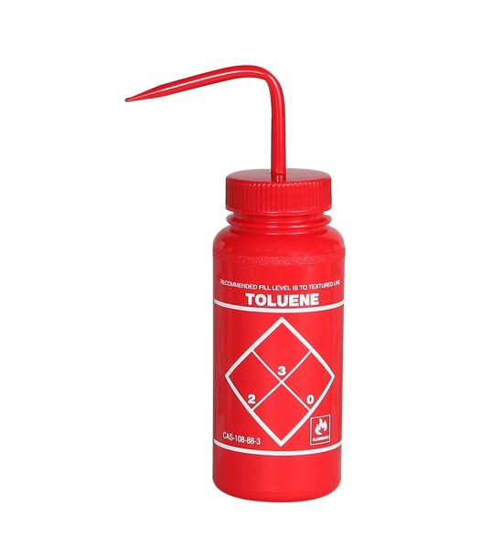 SP Bel-Art Safety-Labeled 2-Color Toluene Wide- Mouth Wash Bottles; 500ml (16oz), Polyethylenew/Red Polypropylene Cap (Pack of 6)