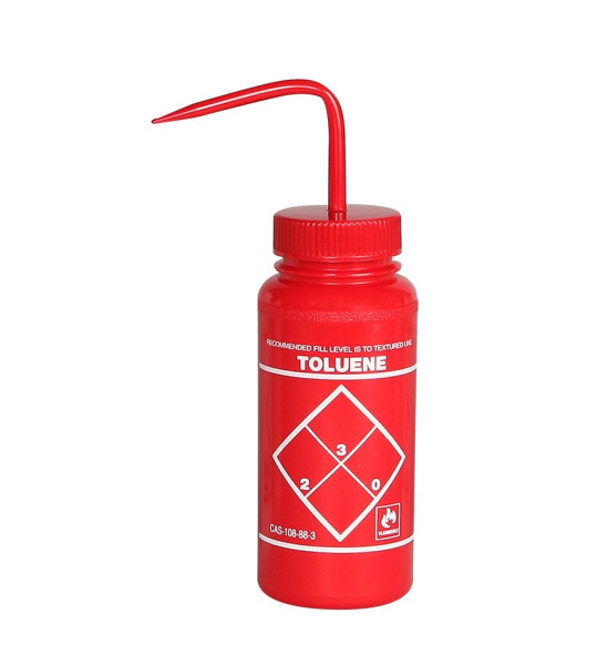 SP Bel-Art Safety-Labeled 2-Color Toluene Wide- Mouth Wash Bottles; 500ml (16oz), Polyethylenew/Red Polypropylene Cap (Pack of 6)