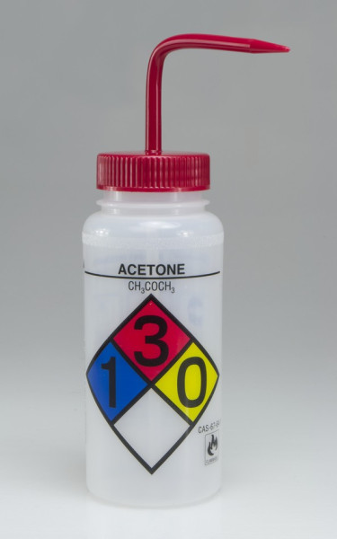 SP Bel-Art Safety-Labeled 4-Color Acetone Wide- Mouth Wash Bottles; 500ml (16oz), Polyethylenew/Red Polypropylene Cap (Pack of 4)