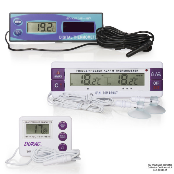 SP Bel-Art, H-B DURAC Calibrated Dual ZoneElectronic Thermometer with Waterproof Sensors; -40/70C (-40/158F) External, -40/70C (- 40/158F)External, 0C and 22C Zone Calibrations