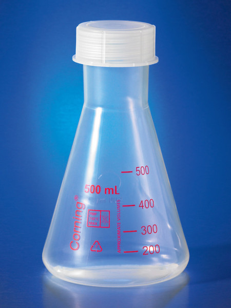 Corning® 500 mL Reusable Plastic Narrow Mouth Erlenmeyer Flask, Polymethylpentene with GL-52 PP Screw Cap