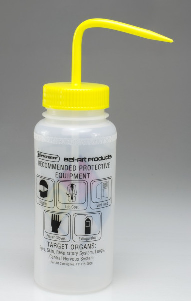 SP Bel-Art Safety-Labeled 4-Color IsopropanolWide-Mouth Wash Bottles; 500ml (16oz),Polyethylene w/Ye