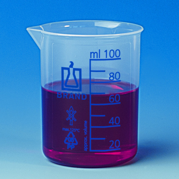 BRAND Becher, niedrige Form, PP, 100:10 ml, blaueGraduierung